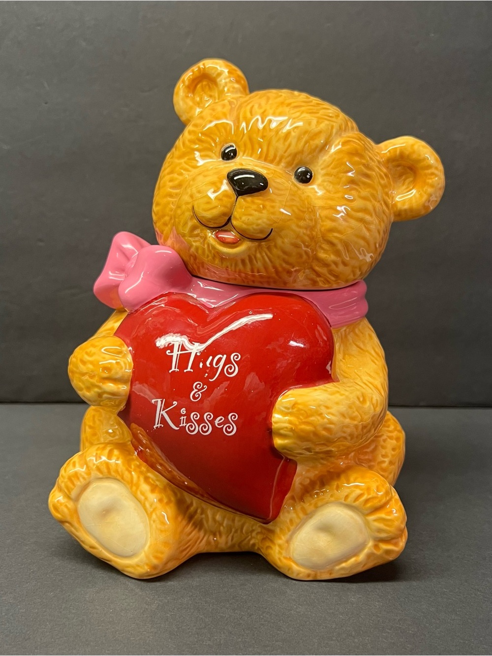 David's Cookies Teddy Bear Hugs & Kisses Ceramic Cookie Jar w/ Heart
Pink Bow
